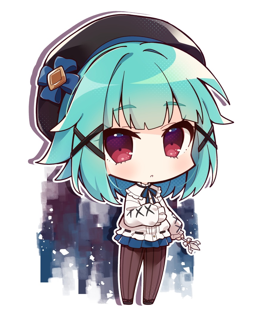 1girl absurdres aqua_hair beret black_footwear black_hat black_pantyhose black_ribbon blue_ribbon blunt_bangs capelet chibi frilled_capelet frilled_sleeves frills full_body girls_creation hair_ornament hand_on_own_stomach hat hat_ornament highres holding looking_at_viewer messy_hair misosiru_0224 neck_ribbon pantyhose pleated_skirt puffy_sleeves rembrandt_(girls_creation) ribbon ribbon-trimmed_sweater short_hair simple_background skirt solo standing sweater two-tone_ribbon white_background x_hair_ornament