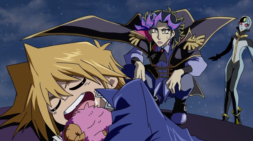 1other 2boys ahoge ai_(yu-gi-oh!) aircraft android arm_on_knee arms_on_knees ascot black_ascot black_bodysuit black_boots black_bow black_cape black_hair blonde_hair blue_jacket blue_sky bodysuit boots bow cape chaya_mago closed_eyes cloud cloudy_sky colored_bangs commentary confused crossed_arms dirigible dress_shirt duel_monster epaulettes facing_another facing_to_the_side grey_pants hands_on_own_knees holding holding_stuffed_toy humanoid_robot in-franchise_crossover jacket jonouchi_katsuya kneeling looking_at_another lying midair military_jacket military_uniform multiple_boys night on_side open_clothes open_jacket open_mouth outdoors outstretched_arms pants parody popped_collar purple_shirt red_eyes robot scapegoat school_uniform shirt sky sleeping solid_circle_eyes squatting star_(sky) stuffed_animal stuffed_toy sweatdrop untucked_shirt white_shirt wide-eyed wind worried yu-gi-oh! yu-gi-oh!_duel_monsters yu-gi-oh!_vrains