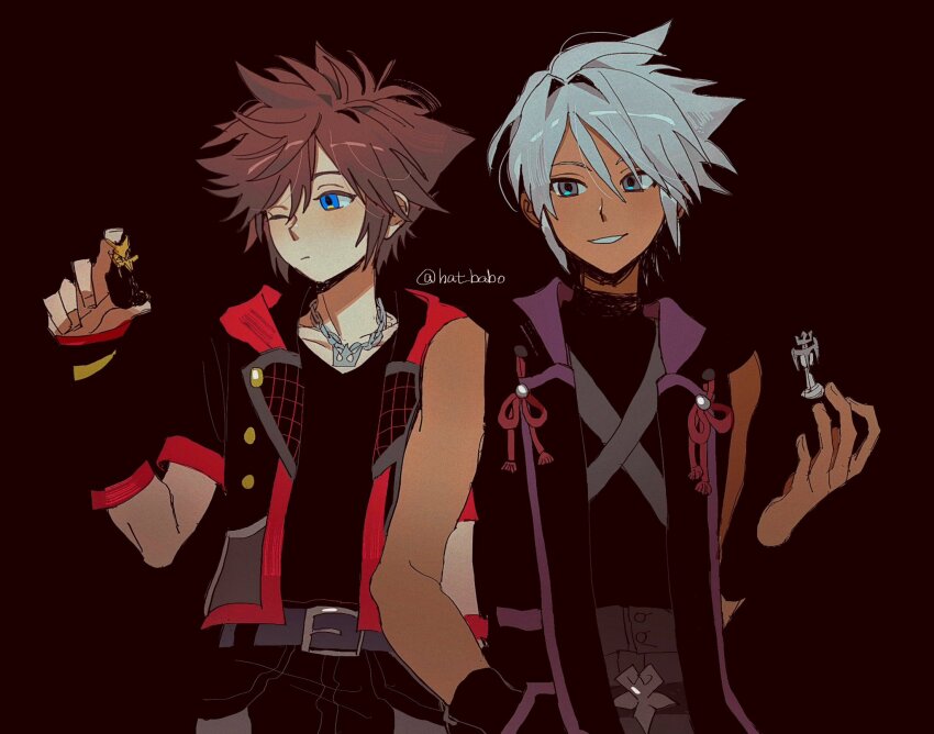 2boys brown_hair chess_piece coat crown_necklace dark-skinned_male dark_skin gloves grey_hair grin hat_babo highres hood kingdom_hearts kingdom_hearts_iii male_focus multiple_boys one_eye_closed short_hair smile sora_(kingdom_hearts) spiked_hair xehanort