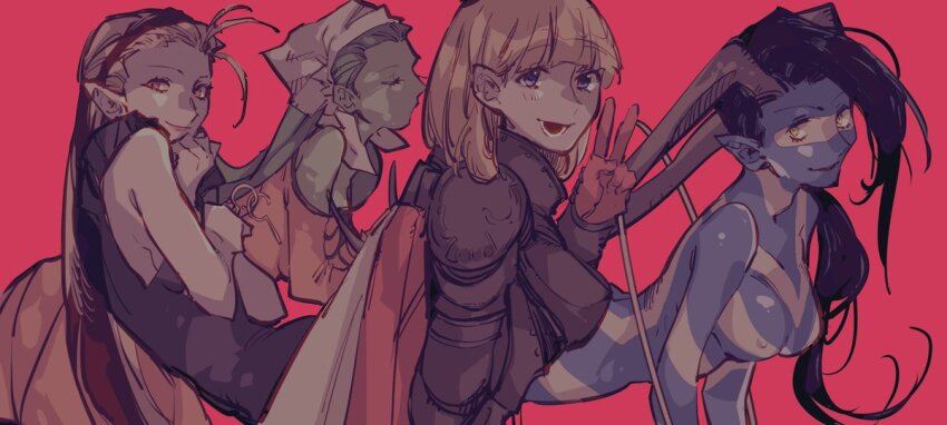 4girls :d archived_source armor bare_shoulders bent_over black_dress black_hair blonde_hair blue_eyes breastplate breasts cape closed_eyes colored_skin cybele_(megami_tensei) demon_(megami_tensei) dress floating french_flag gloves green_hair green_skin hairband hand_on_own_chin headscarf horns jeanne_d&#039;arc_(megami_tensei) leanan_sidhe_(megami_tensei) long_horns looking_at_viewer multiple_girls nipples nude off-shoulder_dress off_shoulder open_mouth pointy_ears purple_skin raven_croow red_background red_eyes red_gloves shin_megami_tensei silky_(megami_tensei) sleeveless sleeveless_dress smile v white_headscarf yellow_eyes