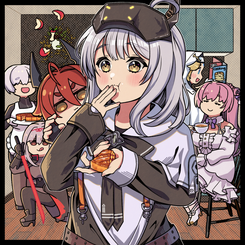 6+girls :3 ahoge akio_(akio1124) apple apple_pie black_dress blonde_hair blue_eyes blush bodysuit breasts brown_bodysuit cleavage cloak closed_eyes closed_mouth commentary_request cookbook cup dessert dorothy_(nikke) dress eating energy_sword flat_chest flower-shaped_hair food frilled_dress frills fruit full_body gloves goddess_(nikke) goddess_of_victory:_nikke hair_between_eyes hair_bun hair_intakes halftone hand_to_own_mouth head-mounted_display highres holding holding_cup holding_food horns indoors jacket kneeling large_breasts lightsaber liliweiss_(nikke) long_hair long_sleeves manga_(object) mechanical_horns military_uniform multiple_girls open_mouth pie pie_slice pink_hair purple_ribbon rapunzel_(nikke) rapunzel_(pure_grace)_(nikke) red_hair red_hood_(nikke) red_lightsaber ribbon scarlet_(black_shadow)_(nikke) scarlet_(nikke) shaded_face shadow shiny_eyes short_hair single_side_bun sitting smile snow_white_(innocent_days)_(nikke) snow_white_(nikke) standing sword teacup tongue tongue_out veil very_long_hair visor_lift weapon white_cloak white_dress white_hair yellow_eyes