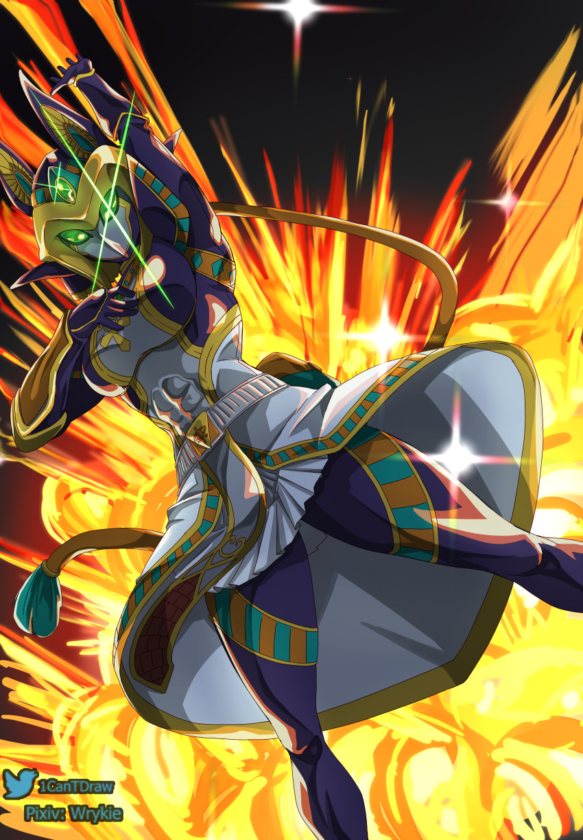 1girl absurdres amun_(sentai_red_ga_isekai_de_boukensha_ni_naru) arm_up blue_bodysuit bodysuit breasts cowboy_shot explosion forehead_jewel glint green_eyes highres large_breasts pixiv_username ranya_(sentai_red_ga_isekai_de_boukensha_ni_naru) richard_park sentai_red_ga_isekai_de_boukensha_ni_naru solo tokusatsu twitter_username