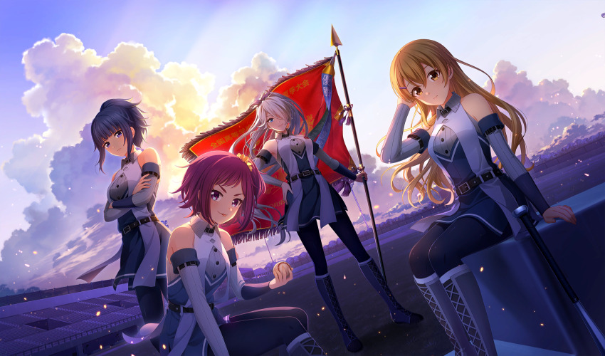 4girls ball baseball_(object) baseball_bat baseball_stadium baseball_uniform belt belt_buckle black_belt black_pantyhose blonde_hair blue_eyes blue_hair blunt_bangs boots bow buckle cinderella_series closed_mouth cloud crossed_arms cumulonimbus_cloud detached_sleeves dress dutch_angle flag game_cg grey_footwear hachigatsu_no_cinderella_nine hair_between_eyes hair_bow hair_ornament hair_over_one_eye hair_scrunchie hairclip hand_in_own_hair hand_on_own_hip high_ponytail highres holding holding_ball holding_flag kamabe_chiaki kusakari_rena long_hair looking_at_viewer metal_baseball_bat multicolored_dress multiple_girls non-web_source official_art on_grass one_eye_covered one_side_up oowada_sachi outdoors pantyhose ponytail purple_bow purple_eyes purple_hair sagara_yoshino scrunchie sitting sky sleeveless sleeveless_dress smile sportswear standing v-shaped_eyebrows white_hair yellow_eyes yellow_scrunchie