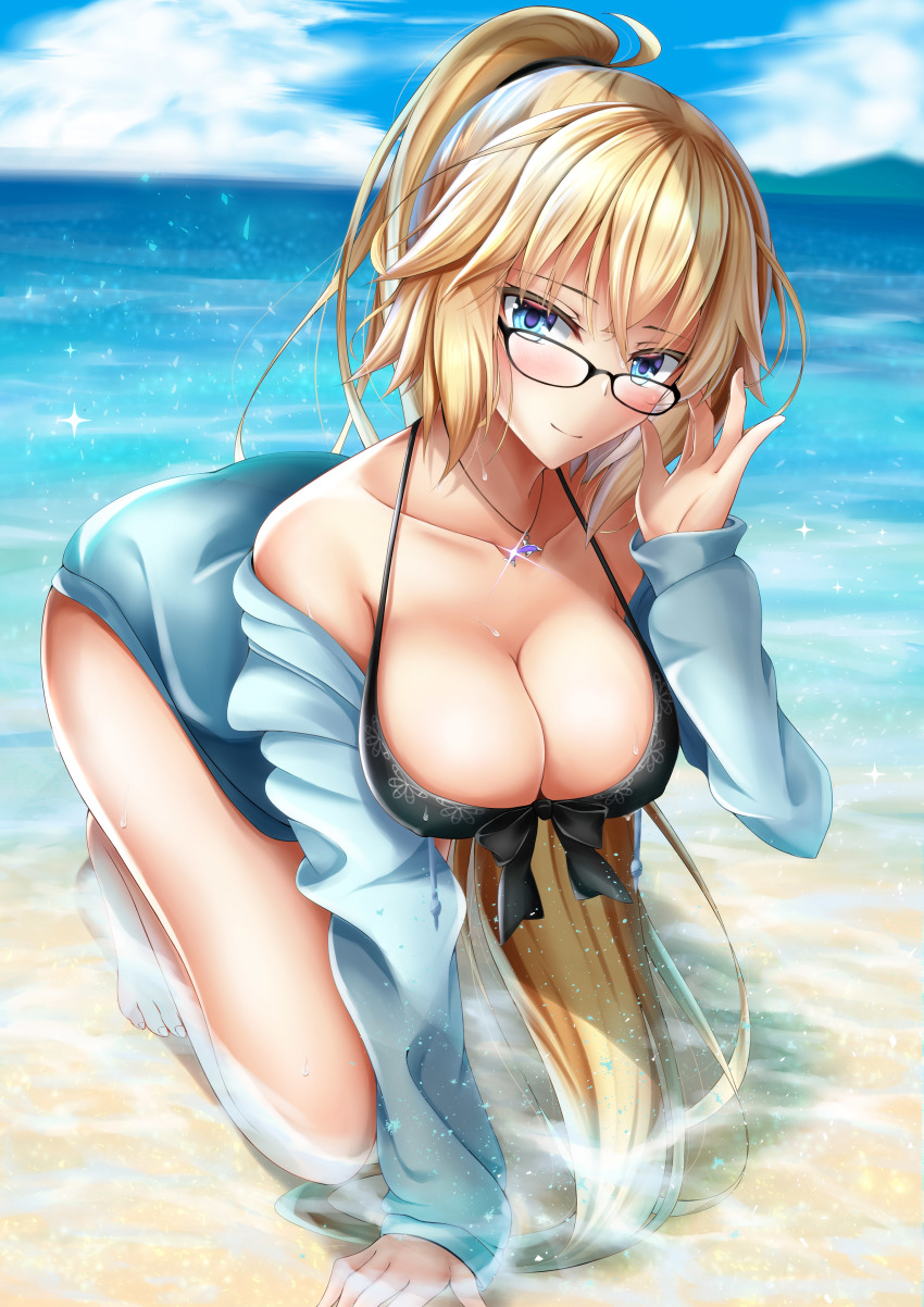 1girl absurdres adjusting_eyewear all_fours bad_id bad_pixiv_id bikini black-framed_eyewear black_bikini blonde_hair blue_eyes blue_jacket blush breasts cleavage day dolphin_pendant fate/grand_order fate_(series) female_focus front-tie_bikini_top front-tie_top full_body glasses half-closed_eyes head_tilt high_ponytail highres hood hooded_jacket jacket jeanne_d&#039;arc_(fate) jeanne_d&#039;arc_(ruler)_(fate) jeanne_d&#039;arc_(swimsuit_archer)_(fate) jewelry large_breasts long_hair looking_at_viewer necklace outdoors ponytail rai_(newtype_xm-x1) smile solo swimsuit very_long_hair wet wet_hair