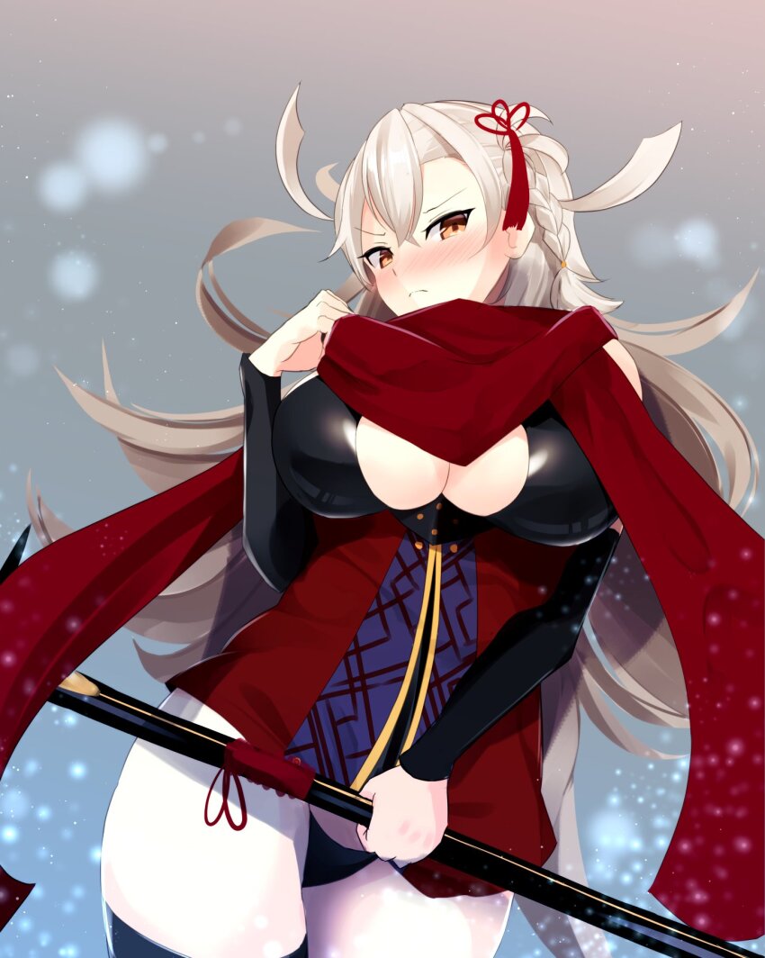 1girl arm_guards black_bow blush bow braid breasts cleavage cleavage_cutout clothing_cutout cosplay fate/grand_order fate_(series) hair_bow hair_ornament highres koha-ace large_breasts long_hair looking_at_viewer no_pants okita_souji_(fate) okita_souji_alter_(fate) okita_souji_alter_(fate)_(cosplay) okita_souji_alter_(first_ascension)_(fate) olga_marie_animusphere orange_eyes red_scarf scarf short_hair side_braid sinkai solo white_hair