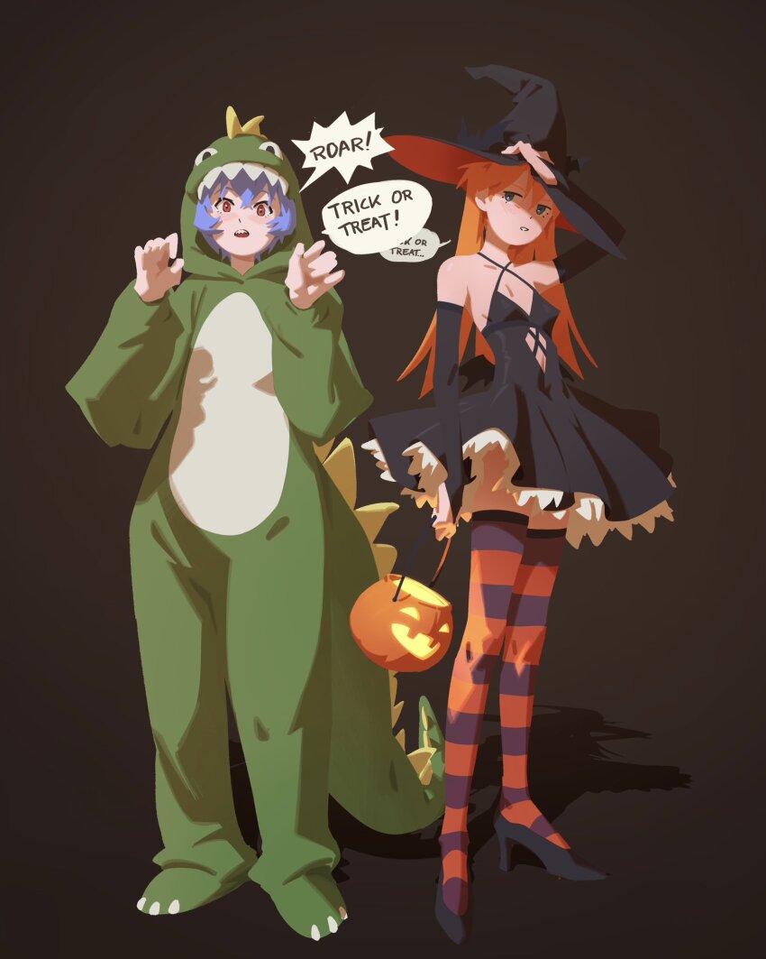 1girl 2girls :o adjusting_clothes adjusting_headwear alternate_costume animal_hood arm_up armpits ayanami_rei bare_shoulders bat_wings black_background black_bridal_gauntlets black_dress black_hat black_shoes black_wings blue_eyes blue_hair blush breasts bridal_gauntlets bucket claw_pose clothing_cutout collarbone commentary cosplay criss-cross_halter dinosaur_costume dinosaur_tail dot_nose dress english_commentary english_text felix_thirasat full_body gradient_background green_pajamas hair_between_eyes halloween halloween_bucket halloween_costume halter_dress halterneck hands_up hat high_heels highres holding holding_bucket hood hood_up jack-o&#039;-lantern kigurumi light_blush linea_alba long_hair long_sleeves looking_at_viewer multiple_girls neon_genesis_evangelion open_mouth orange_hair orange_thighhighs pajamas parted_lips petticoat purple_thighhighs red_eyes shaded_face shadow sharp_teeth shoes short_dress short_hair side-by-side small_breasts souryuu_asuka_langley speech_bubble standing stomach_cutout straight_hair striped_clothes striped_thighhighs tail teeth thighhighs trick_or_treat two-tone_thighhighs upper_teeth_only very_long_hair wide-eyed wings witch_hat zettai_ryouiki