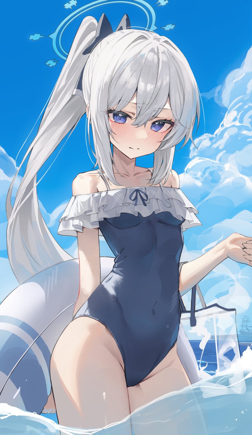 1girl absurdres bag blue_archive blue_halo blue_one-piece_swimsuit blue_sky blush casual_one-piece_swimsuit closed_mouth cloud cloudy_sky commentary_request covered_navel day frilled_one-piece_swimsuit frills hair_intakes halo handbag highres kerno miyako_(blue_archive) miyako_(swimsuit)_(blue_archive) off-shoulder_one-piece_swimsuit off_shoulder official_alternate_costume official_alternate_hairstyle one-piece_swimsuit outdoors purple_eyes side_ponytail sky solo swimsuit transparent_bag water white_hair white_innertube