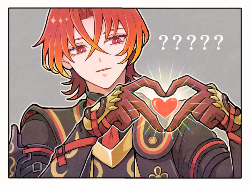 1boy ? alear_(fire_emblem) alear_(male)_(fire_emblem) fire_emblem fire_emblem_engage hair_between_eyes heart heart_hands kuhaha looking_at_viewer male_focus nintendo red_eyes red_hair short_hair solo