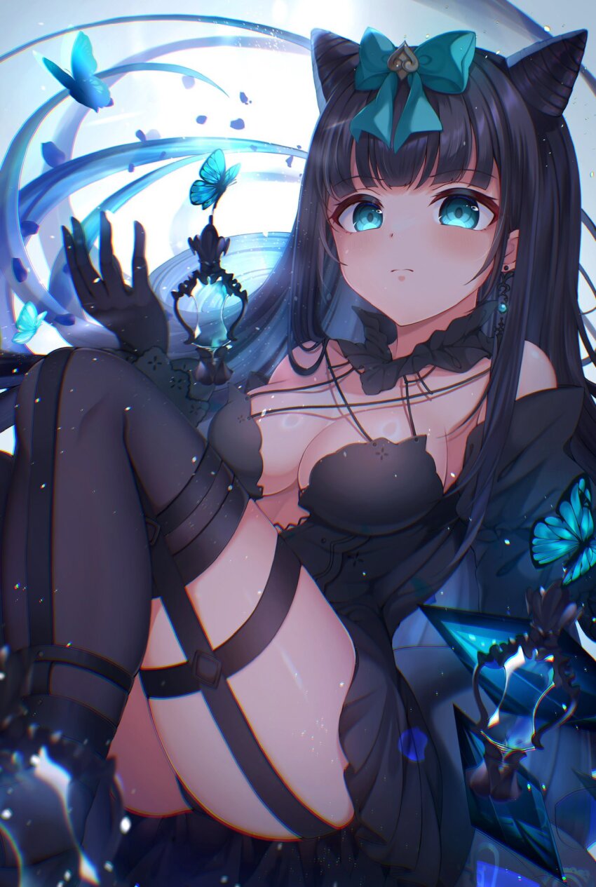1girl animal arcaea bare_shoulders black_dress black_gloves black_hair blue_butterfly blue_eyes blunt_bangs blush bow breasts bug butterfly butterfly_hair_ornament cleavage closed_mouth collarbone dress earrings feet_out_of_frame garter_straps gloves hair_bow hair_ornament highres insect jewelry knees_up long_hair long_sleeves looking_at_viewer medium_breasts sen_chan_(akane1023) sitting solo tairitsu_(arcaea) tairitsu_(tempest)_(arcaea) thighhighs thighs