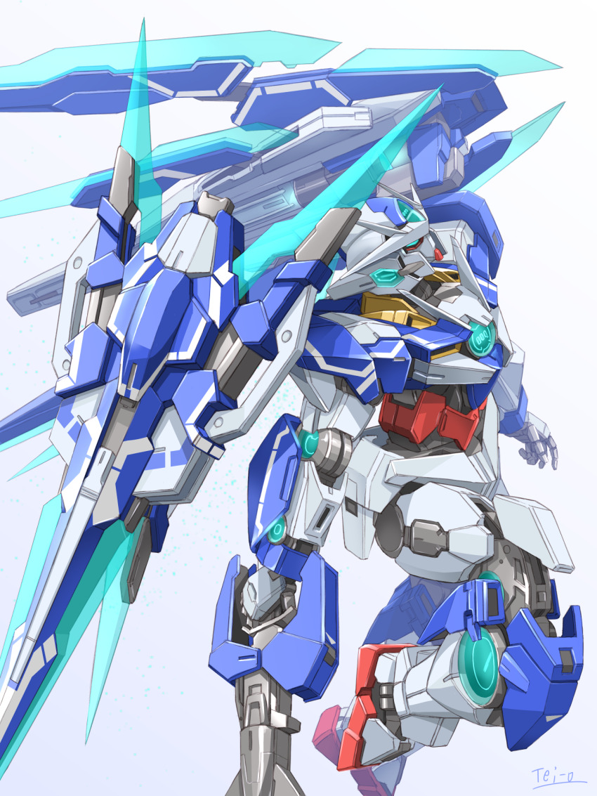 00_qan[t] 00_qan[t]_full_saber artist_name commentary_request from_side green_eyes gundam gundam_00 gundam_00_a_wakening_of_the_trailblazer highres holding holding_sword holding_weapon mecha mecha_focus mobile_suit no_humans robot science_fiction shield simple_background solo sword tei-o v-fin weapon white_background
