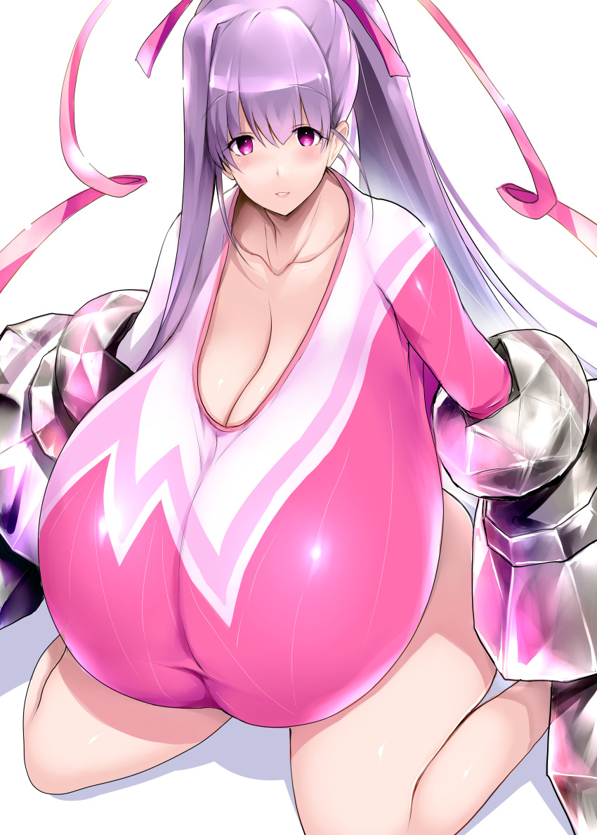 1girl absurdres blush breasts claw_(weapon) cleavage collarbone fate/grand_order fate_(series) gigantic_breasts hair_ribbon high_ponytail highres leotard long_hair long_sleeves looking_at_viewer passionlip_(fate) passionlip_(swimsuit_saber)_(second_ascension)_(fate) pink_eyes pink_leotard pink_ribbon ponytail purple_hair ribbon sitting sleeved_leotard solo thighs tsukasawa_takamatsu very_long_hair weapon