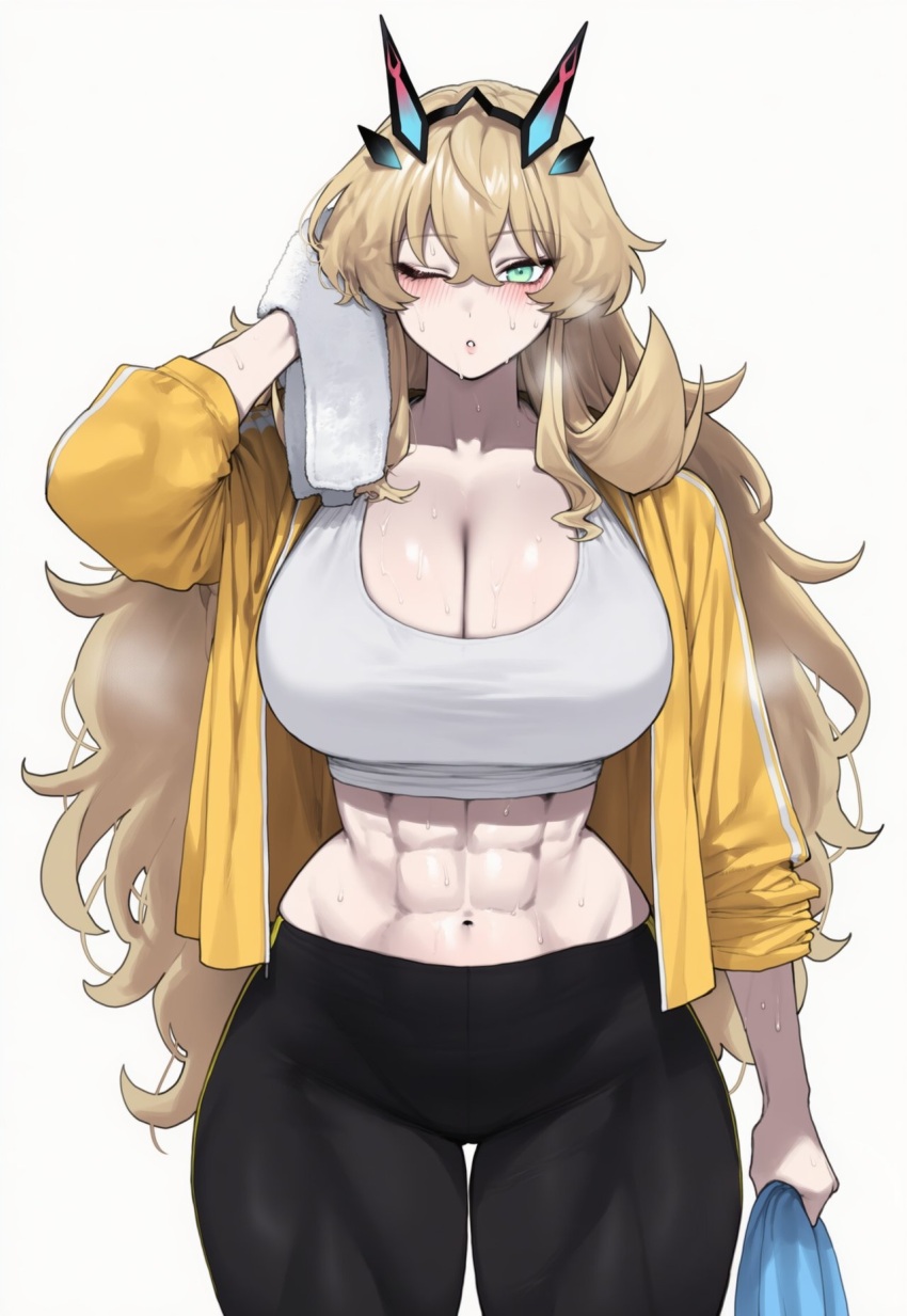 1girl abs barghest_(fate) black_pants black_sports_bra blonde_hair blue_eyes breasts fate/grand_order fate_(series) heterochromia highres horns large_breasts long_hair long_sleeves muscular muscular_female one_closed_eye open_clothes open_shirt pants red_eyes simple_background sports_bra sportswear stomach sweat sweatdrop thick_thighs thigh_gap thighs tight_clothes tight_pants towel white_background wide_hips wiping_sweat yoga_pants