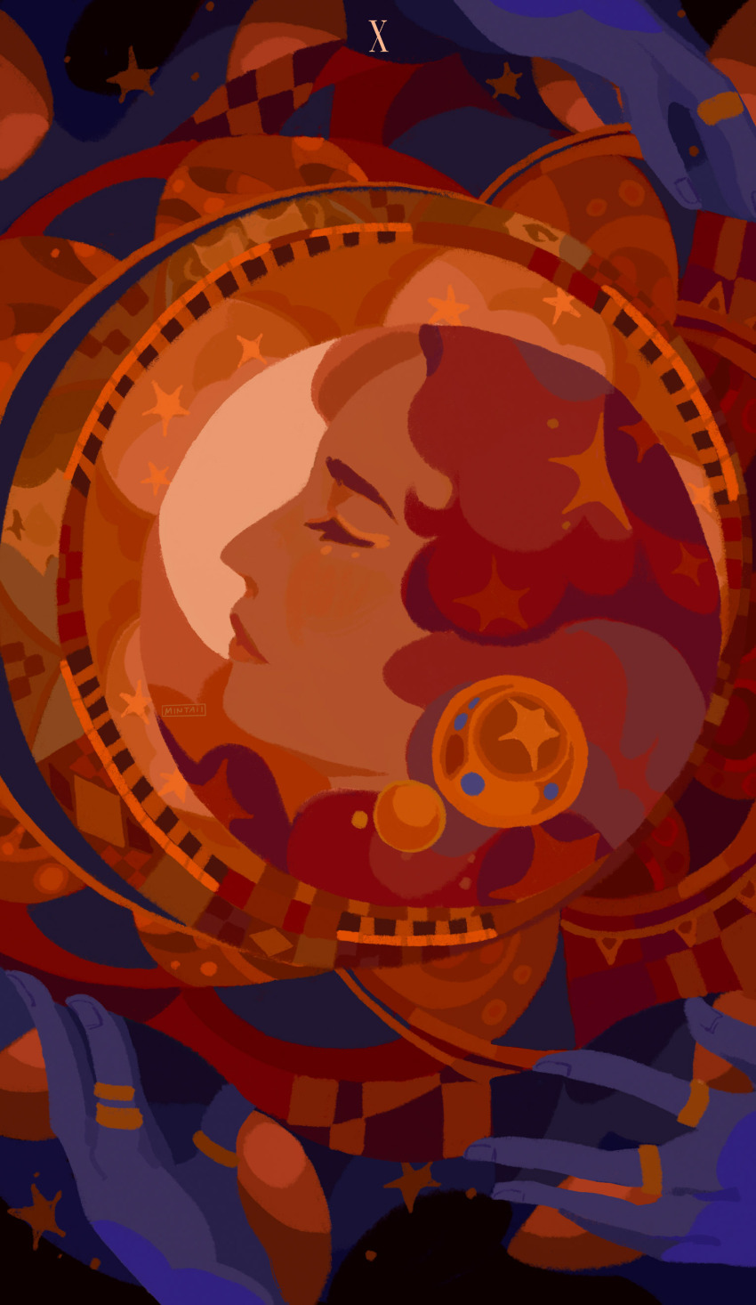 1girl absurdres astronomical_clock blue_skin card_(medium) closed_eyes closed_mouth color_contrast colored_skin commentary curly_hair earrings english_commentary expressionless eyeliner fantasy gold_ring highres jewelry large_earrings limited_palette long_hair makeup multiple_rings no_lineart orange_lips orange_theme original out_of_frame profile red_hair ring roman_numeral solo spearmintaii star_(symbol) tarot tarot_(medium) wheel_of_fortune_(tarot)