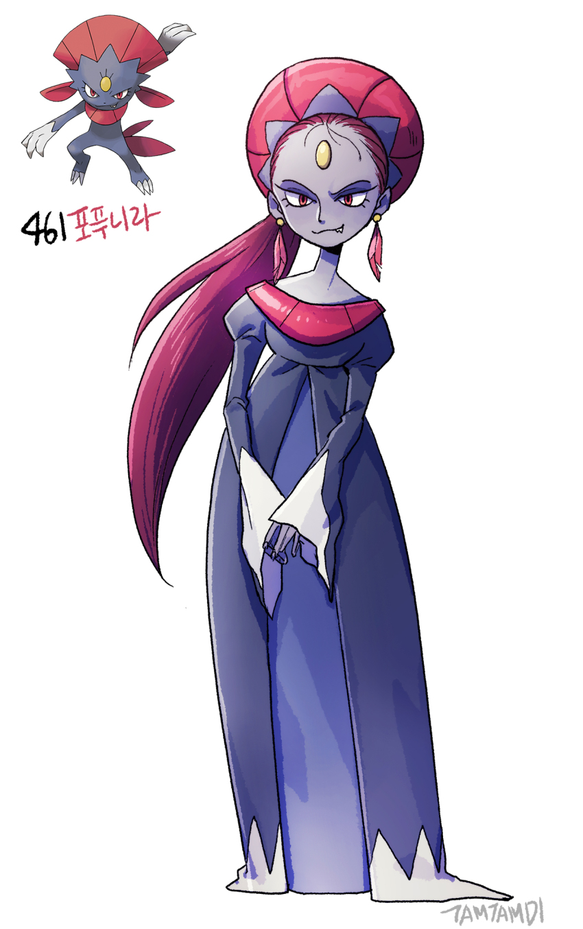 1girl colored_skin creature_and_personification dress earrings eyelashes fang feather_earrings feathers forehead_jewel game_freak gen_4_pokemon grey_skin highres jewelry juliet_sleeves long_dress long_hair long_sleeves looking_at_viewer nintendo personification pokemon pokemon_(creature) ponytail puffy_sleeves red_eyes red_hair reference_inset signature simple_background tamtamdi translated weavile white_background