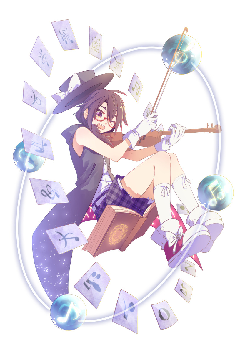 absurdres adapted_costume beichen_xiaobei book bow_(music) brown_hair coat fedora glasses gloves hat highres instrument musical_note occult_ball plaid_clothes plaid_skirt shoes skirt sleeveless sleeveless_coat smile sneakers touhou usami_sumireko violin