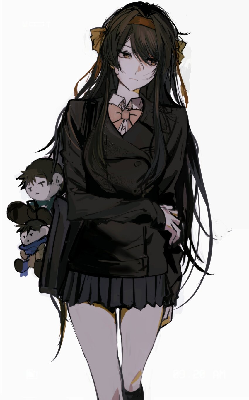 1girl absurdres black_coat black_skirt black_socks bow bowtie brown_eyes brown_hair character_doll closed_mouth coat collared_shirt commentary_request doll hair_ribbon hairband highres kneehighs kouyouen_academy_school_uniform kyon long_hair long_sleeves mkmwyydlp official_alternate_costume official_alternate_hair_length official_alternate_hairstyle orange_bow orange_bowtie ribbon school_uniform shirt simple_background skirt socks solo standing suzumiya_haruhi suzumiya_haruhi_no_shoushitsu suzumiya_haruhi_no_yuuutsu white_background white_shirt winter_uniform yellow_ribbon