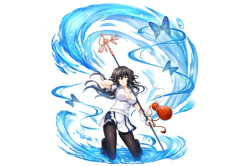 1girl black_hair black_thighhighs breasts cleavage full_body game_cg holding holding_staff kamihime_project kneeling large_breasts long_hair looking_at_viewer maji_de_watashi_ni_koi_shinasai! maji_de_watashi_ni_koi_shinasai!_s musashibou_benkei_(majikoi) official_art shirt skirt smile staff thighhighs white_shirt white_skirt