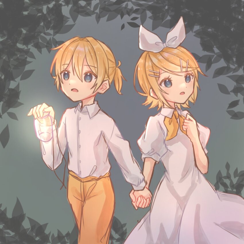 1boy 1girl aquamarinu blonde_hair blue_eyes bottle bow brother_and_sister child collared_shirt dress evillious_nendaiki foliage gretel_(evillious_nendaiki) grey_background hair_bow hair_ornament hairclip hansel_(evillious_nendaiki) highres holding holding_bottle holding_hands kagamine_len kagamine_rin long_sleeves neckerchief okizari_tsukiyo_shou_(vocaloid) pants ponytail shirt short_hair short_ponytail short_sleeves siblings swept_bangs twins vocaloid white_bow white_dress white_shirt yellow_neckerchief yellow_pants