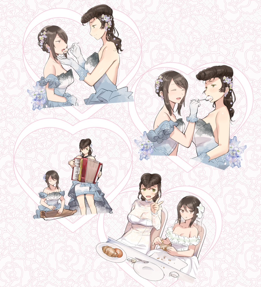 2girls absurdres accordion bare_shoulders blush breasts bride brown_eyes brown_hair closed_eyes dress feeding female_focus flower food girls_und_panzer green_eyes hair_flower hair_ornament highres instrument kantele koyama_harutarou large_breasts long_hair looking_at_another mika_(girls_und_panzer) multiple_girls multiple_views open_mouth outdoors pompadour smile v wedding wedding_dress wife_and_wife yuri yuri_(girls_und_panzer)
