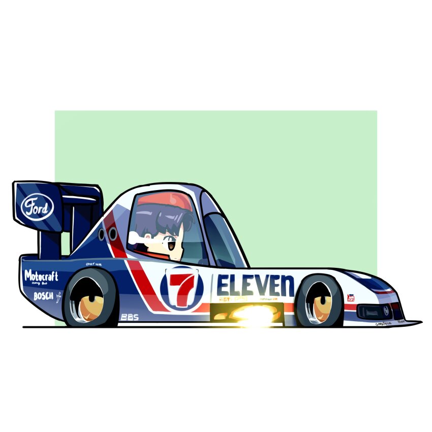 7-eleven absurdres bbs_(wheel) border car duz fire ford ford_mustang_gtp from_side green_background highres imsa_gt_championship katsuragi_misato motor_vehicle neon_genesis_evangelion outside_border race_vehicle racecar spoiler_(automobile) sponsor white_border