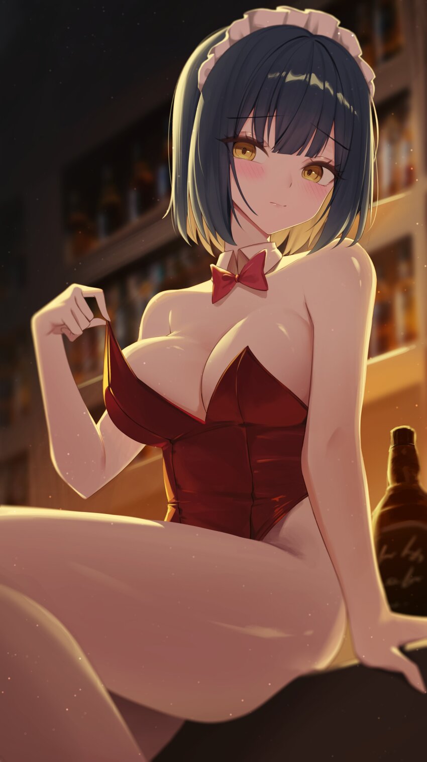 1girl absurdres backlighting bare_arms bare_legs bare_shoulders black_hair blurry blurry_background bow bowtie breasts cleavage detached_collar gangzi_(vtuber) headdress highleg highleg_leotard highres large_breasts leotard looking_at_viewer nontraditional_playboy_bunny red_leotard short_hair solo stellive strapless strapless_leotard thighs virtual_youtuber yellow_eyes yt9676