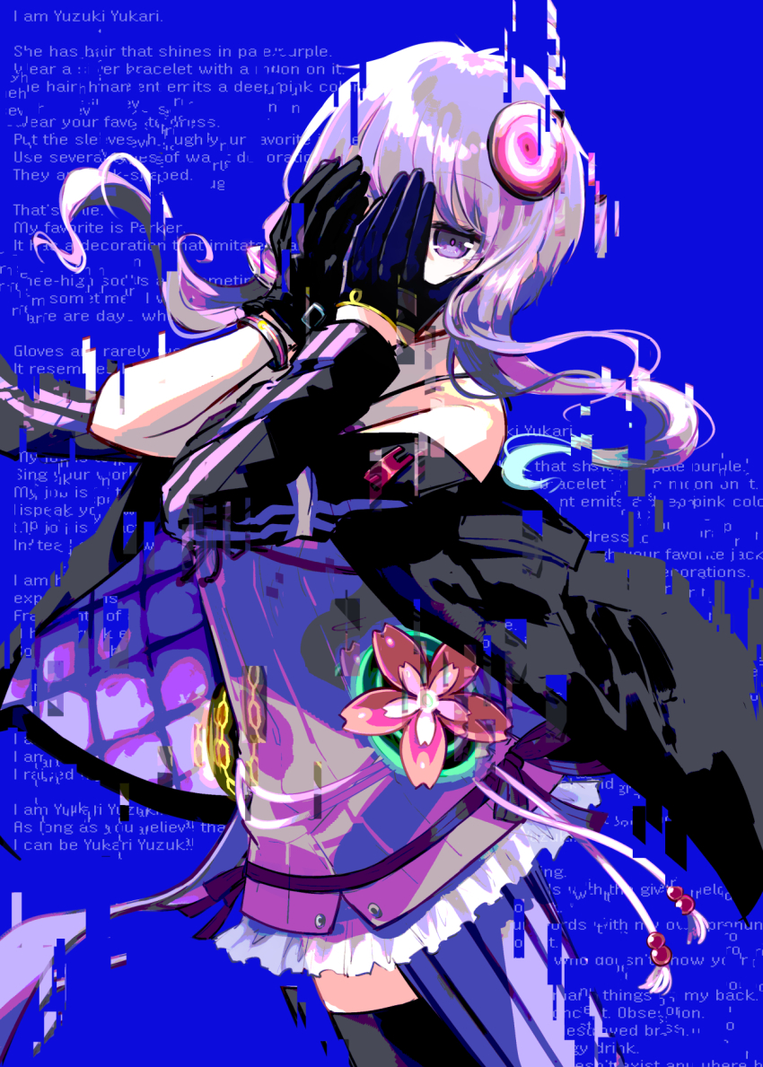 1girl a.i._voice arm_out_of_sleeve asymmetrical_legwear black_gloves black_jacket black_thighhighs blue_background blue_screen_of_death bracelet cevio character_name chimerism commentary_request cowboy_shot dress empire_waist english_text floating_hair fusion glitch gloves halter_dress halterneck hands_on_own_face hands_up highres hip_gear jacket jewelry looking_at_viewer mismatched_legwear mixed-language_commentary mojibake_commentary multiple_persona off_shoulder one_eye_covered open_clothes open_jacket pantyhose partial_commentary pty purple_dress purple_eyes purple_hair purple_jacket purple_pantyhose ribbed_dress short_dress short_hair_with_long_locks single_leg_pantyhose single_thighhigh solo thighhighs vocaloid voiceroid yuzuki_yukari yuzuki_yukari_(a.i._voice) yuzuki_yukari_(lin) yuzuki_yukari_(nagi) yuzuki_yukari_(onn) yuzuki_yukari_(rei) yuzuki_yukari_(shizuku)