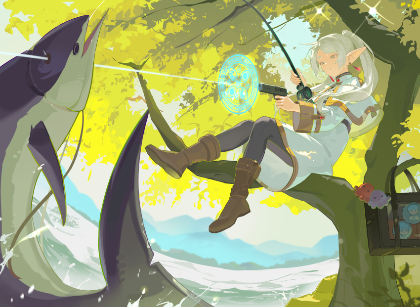 1girl absurdres black_pantyhose boots brown_boots capelet day earrings fish fishing fishing_rod frieren grey_hair gun handgun highres himmel_(sousou_no_frieren) holding holding_fishing_rod holding_gun holding_weapon jewelry lake lingdu_han long_hair magic on_tree outdoors pantyhose pointy_ears sitting skirt solo sousou_no_frieren tree twintails water weapon white_capelet white_skirt