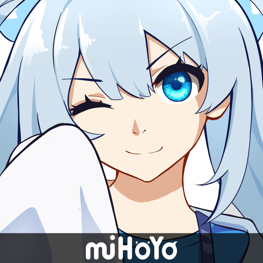 1girl bang_(gesture) blue_eyes blue_hair closed_mouth company_name finger_gun hair_between_eyes highres honkai_(series) honkai_impact_3rd jacket long_sleeves mihoyo miyouji one_eye_closed parody portrait ritore simple_background smile white_background white_jacket