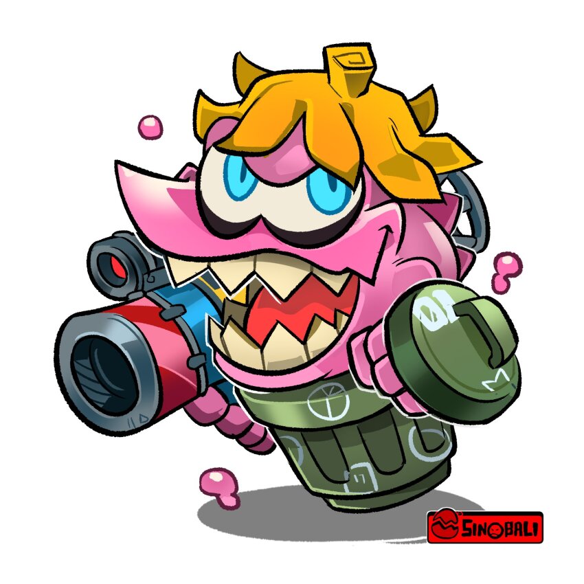 bazooka blonde_hair blue_eyes digimon digimon_(creature) gerbemon highres looking_at_viewer scope shadow sharp_teeth solo teeth trash_can weapon