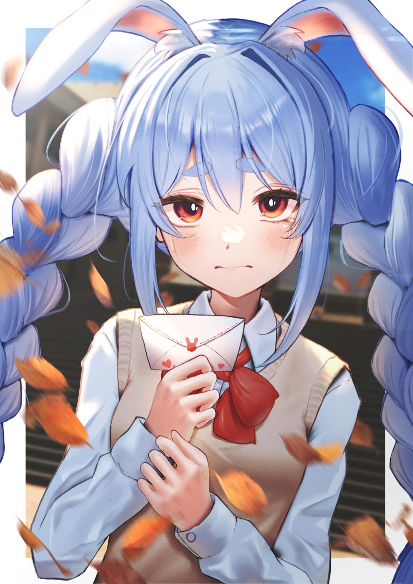 1girl absurdres animal_ears blue_hair border braid collared_shirt commentary_request heart highres holding holding_letter hololive leaf letter looking_at_viewer rabbit_ears red_eyes red_ribbon ribbon school_uniform senriyama shirt sweater_vest teardrop twin_braids twintails usada_pekora virtual_youtuber white_border white_shirt
