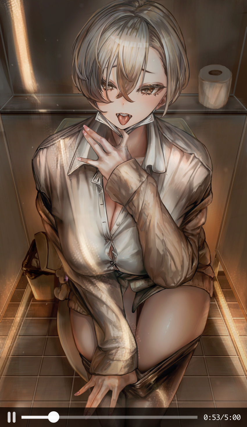 1girl absurdres blonde_hair braces breasts brown_eyes brown_jacket brown_thighhighs cleavage collarbone collared_shirt commentary_request convenient_censoring crossed_bangs dot_nose eyelashes fake_video feet_out_of_frame fingernails gyaru hair_between_eyes highres jacket large_breasts light_particles long_sleeves looking_at_viewer mask mask_pull mouth_mask no_panties original pink_nails public_restroom saliva shirt short_hair sitting soleil_(soleilmtfbwy03) solo stuffed_animal stuffed_toy teddy_bear thighhighs thighhighs_pull thighs tile_floor tiles toilet_paper tongue tongue_out trash_can white_mask white_shirt