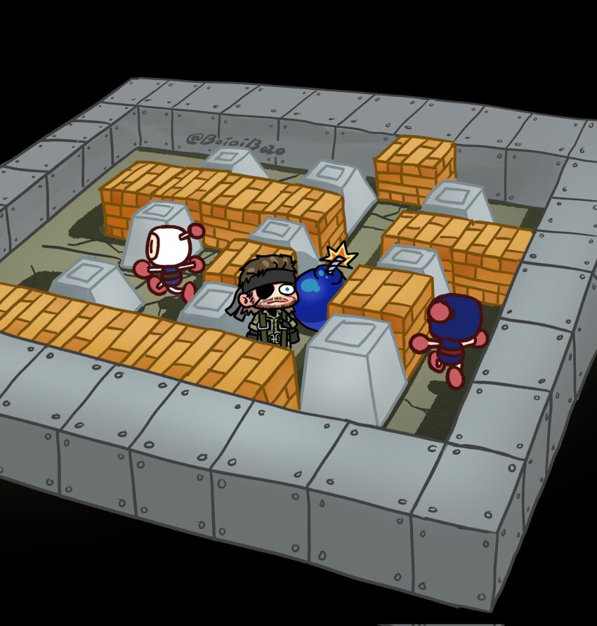 3boys beard big_boss black_bomberman black_headband blue_eyes boioibozo bomb bomberman brown_hair camouflage chibi closed_mouth commentary crossover english_commentary explosive eyepatch facial_hair headband highres imminent_death isometric male_focus maze metal_gear_(series) metal_gear_solid_3:_snake_eater multiple_boys robot running short_hair trapped twitter_username white_bomberman