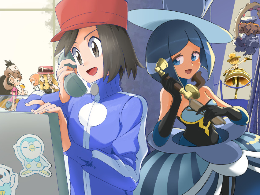 3boys 4girls :d absurdres bare_shoulders black_gloves blue_eyes blue_jacket calem_(pokemon) character_sticker commentary_request dress eavesdropping evelyn_(pokemon) gen_4_pokemon gen_5_pokemon gloves hat highres holding holding_phone indoors jacket landorus landorus_(incarnate) legendary_pokemon multiple_boys multiple_girls nintendo nita_(pokemon) open_mouth oshawott phone piplup pokemon pokemon_(creature) pokemon_xy red_hat serena_(pokemon) shauna_(pokemon) short_hair smile talking_on_phone tierno_(pokemon) tongue trevor_(pokemon) turtleneck turtleneck_jacket u4_99384295 zipper_pull_tab