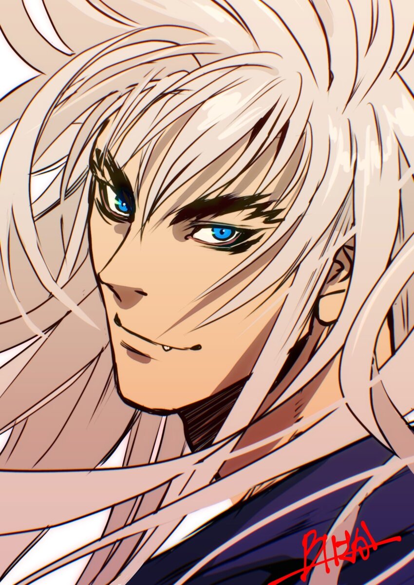 1boy bastard!! blonde_hair blue_eyes blue_shirt burning_isaka commentary dark_schneider fang floating_hair forked_eyebrows from_side hair_between_eyes highres long_hair looking_at_viewer male_focus shirt signature simple_background smile solo white_background