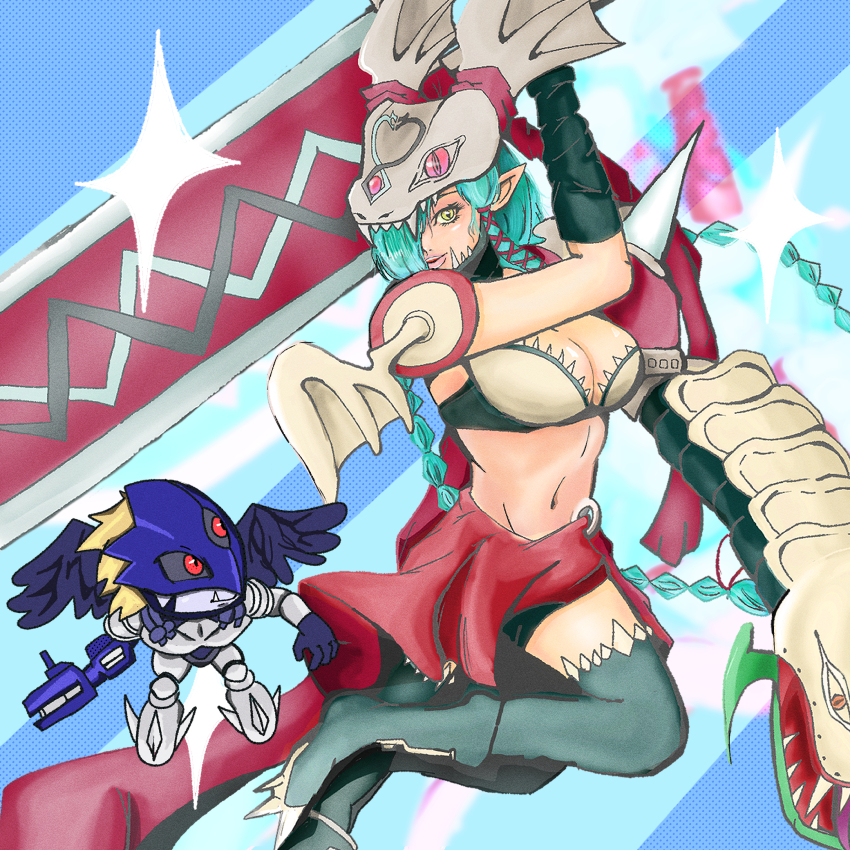 armor beelzebumon_(digimon_xros_wars) braid breasts digimon digimon_(creature) fangs helmet highres long_hair mervamon red_eyes wings
