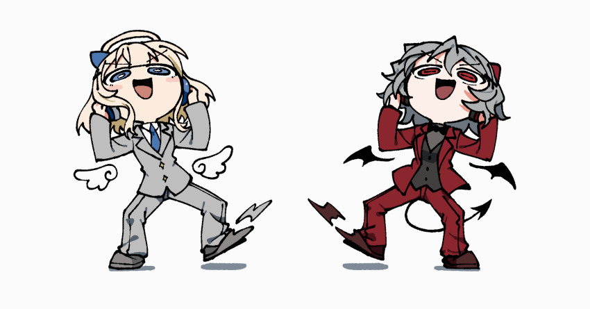 2girls :d akuma_(tententengokujigokugoku) angel angel_wings animated animated_gif black_vest blonde_hair blue_eyes blue_necktie commentary_request cross cross_hair_ornament demon_girl demon_horns demon_tail demon_wings detached_wings formal_clothes full_body grey_hair grey_jacket grey_pants grey_shoes grey_suit hair_ornament halo headbanging headphones highres horns inverted_cross jacket latin_cross long_hair looping_animation medium_hair multiple_girls necktie odayaka open_mouth pants red_eyes red_jacket red_pants red_suit shoes simple_background smile suit tail tenshi_(tententengokujigokugoku) tententengokujigokugoku_(aiobahn) traditional_halo v-shaped_eyebrows vest white_background wings