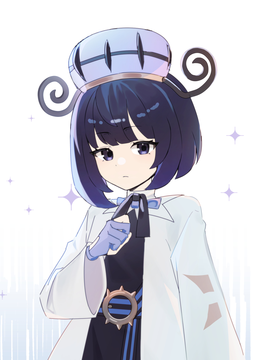 1girl black_dress black_ribbon closed_mouth coat commentary dress eyelashes gloves grey_eyes gwynn_(pokemon) hand_up hat highres long_sleeves neck_ribbon nintendo open_clothes open_coat partially_fingerless_gloves pokemon pokemon_legends:_z-a ribbon solo sparkle trisia_3 upper_body white_coat