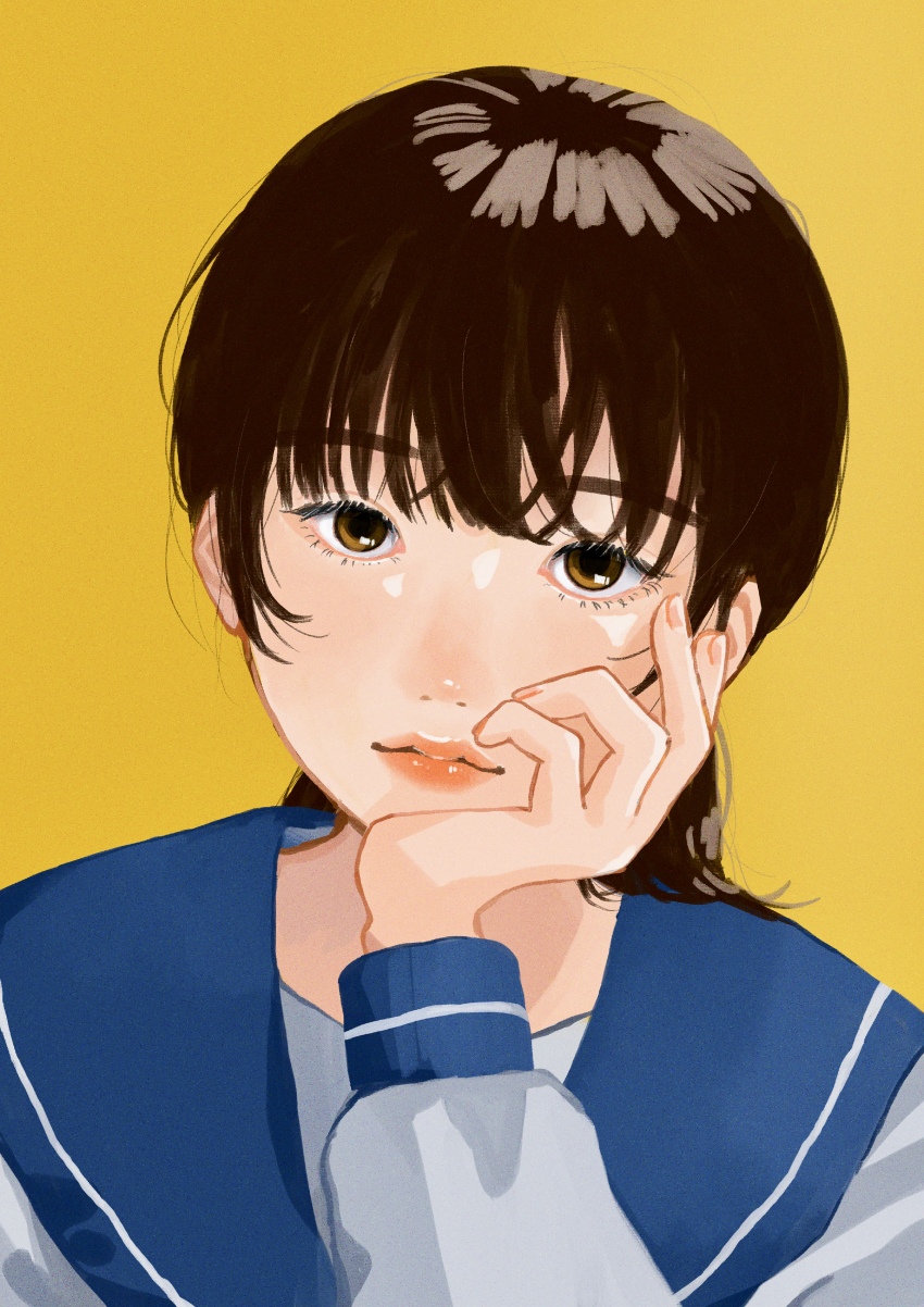 1girl absurdres ayakuro_bun blue_sailor_collar brown_eyes brown_hair hand_up highres lipstick long_sleeves looking_at_viewer makeup medium_hair original sailor_collar school_uniform simple_background solo yellow_background
