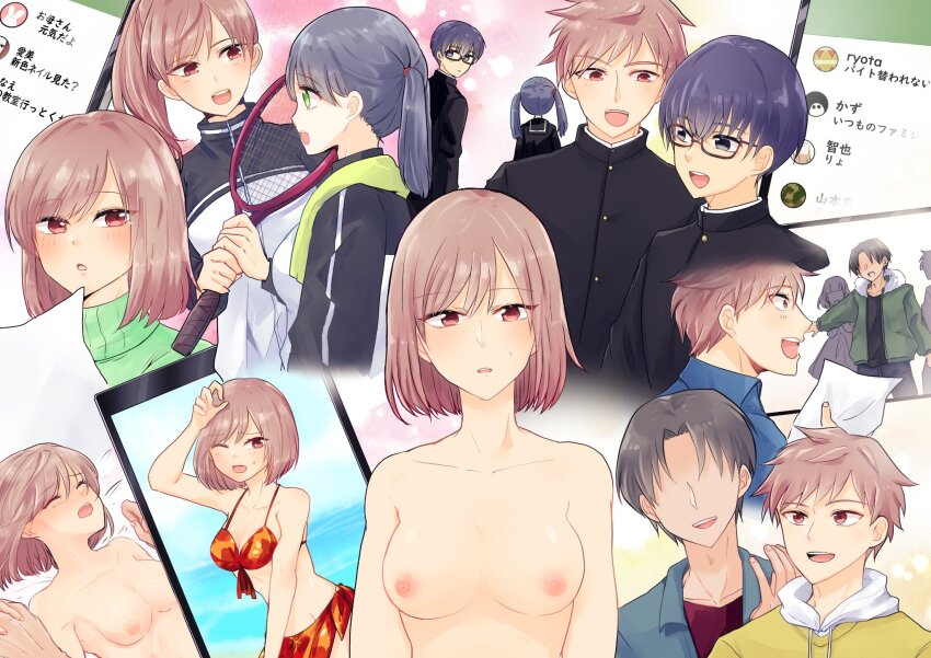 2girls 3boys beach bikini black_hair blue_hair blush breasts brown_hair cellphone genderswap genderswap_(mtf) glasses green_eyes highres holding_hands implied_sex looking_at_another looking_at_viewer medium_breasts medium_hair multiple_boys multiple_girls multiple_views nipples open_mouth original phone ponponsoro ponytail racket red_bikini red_eyes school_uniform smartphone swimsuit tennis_racket twintails