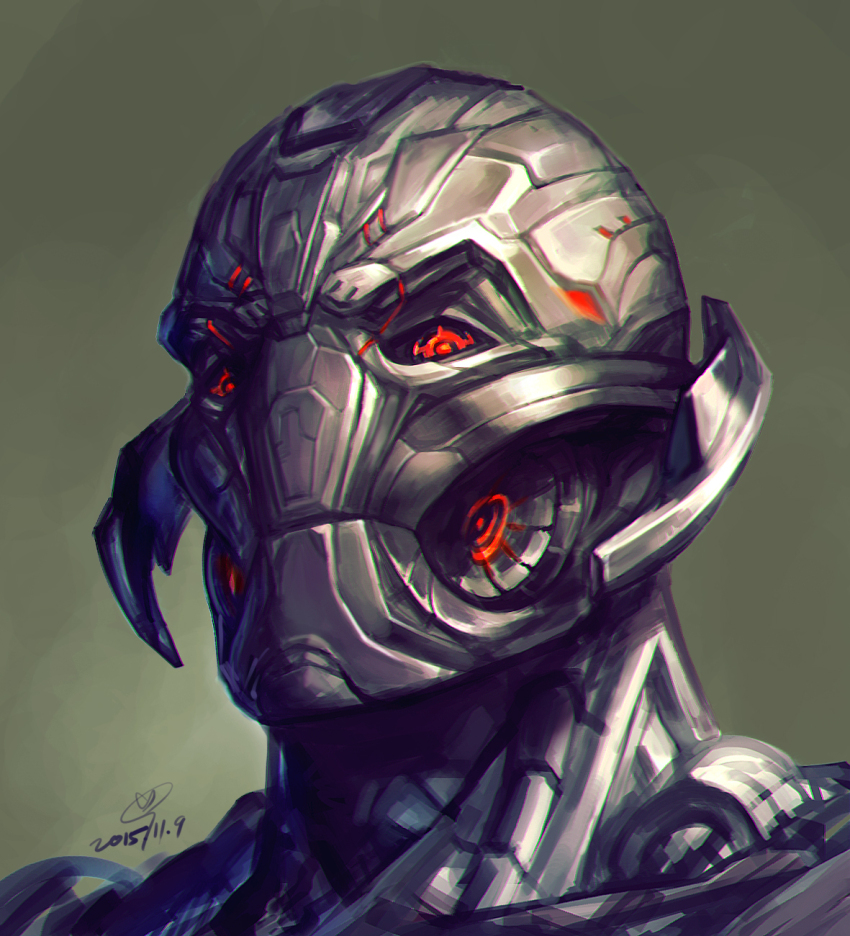 1boy 2015 android artist_request avengers:_age_of_ultron avengers_(series) dated glowing glowing_eyes highres looking_at_viewer marvel marvel_cinematic_universe red_eyes robot serious simple_background ultron