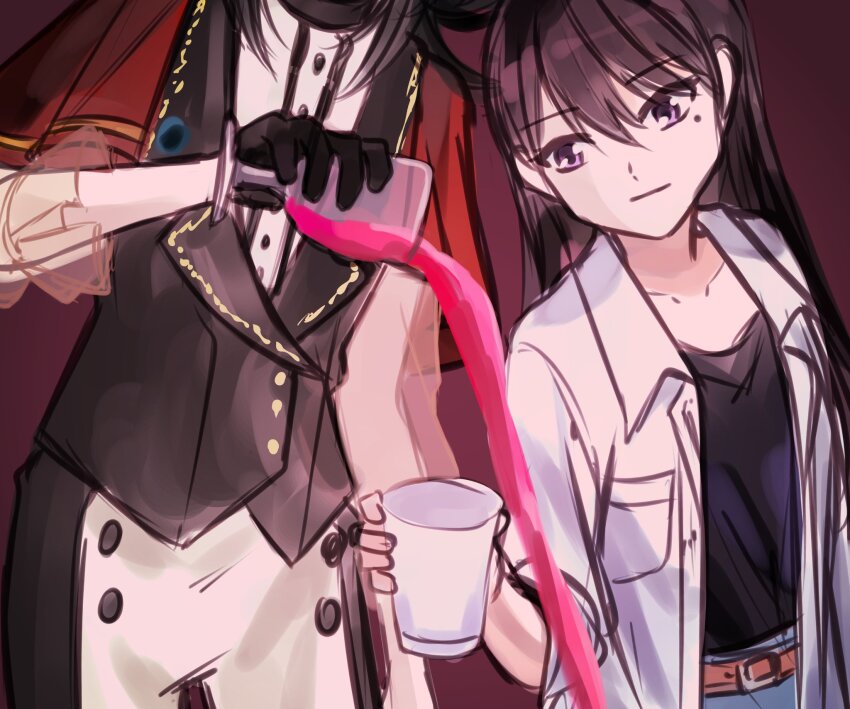 2girls bang_dream! bang_dream!_it&#039;s_mygo!!!!! belt black_gloves black_hair black_vest brown_belt capelet closed_mouth collarbone commentary gloves hair_between_eyes hashtag-only_commentary highres jacket killkiss_(bang_dream!) mole mole_under_eye multiple_girls open_clothes open_jacket pouring purple_background purple_eyes red_capelet seine_(hanamukes) shiina_taki shirt spilling timoris_(bang_dream!) vest white_jacket white_shirt yahata_umiri