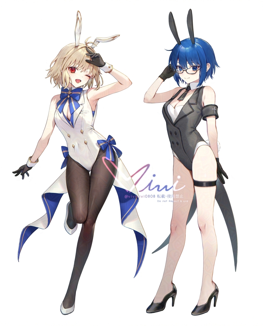 2girls animal_ears arcueid_brunestud armband bare_shoulders black_gloves black_leotard blonde_hair blue_eyes blue_hair blush breasts brown_pantyhose buttons ciel_(tsukihime) cleavage coattails commentary_request covered_navel detached_collar double-breasted fake_animal_ears fake_tail fate/grand_order fate_(series) full_body glasses gloves high_heels highleg highleg_leotard highres large_breasts leotard looking_at_viewer multiple_girls necktie one_eye_closed open_mouth pantyhose playboy_bunny rabbit_ears rabbit_tail red_eyes revision short_hair siiqa_vivi smile tail thigh_strap tsukihime tsukihime_(remake) watermark white_leotard wrist_cuffs