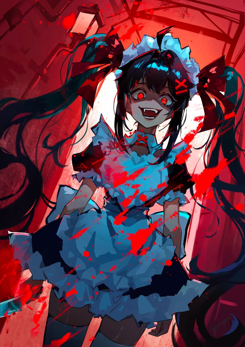 absurdres apron black_dress black_hair blood cowboy_shot dress highres holding holding_knife knife long_hair maid maid_headdress open_mouth original red_eyes red_theme thighhighs twintails white_apron white_thighhighs yandere yeougui