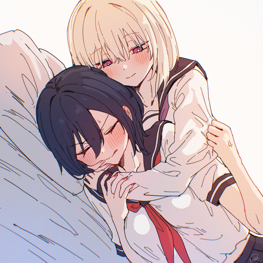 2girls ameno_hitsuka anger_vein bed_sheet black_hair black_sailor_collar black_skirt blonde_hair blush breasts closed_eyes closed_mouth commentary_request dutch_angle grey_background hair_between_eyes half-closed_eyes highres hug hug_from_behind kamioka_senri long_sleeves lying medium_breasts multiple_girls neckerchief neckerchief_between_breasts on_side original pillow piripun pleated_skirt purple_eyes red_neckerchief sailor_collar school_uniform serafuku shirt simple_background skirt sleeves_past_wrists smile white_shirt yuri