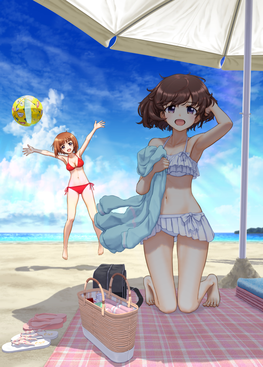2girls absurdres akiyama_yukari arms_up bag ball barefoot basket beach beach_towel beach_umbrella beachball bikini bikini_skirt blue_sky breasts cloud cloudy_sky commentary_request flip-flops frilled_bikini frills girls_und_panzer halterneck hand_in_own_hair highres holding_hoodie horizon jumping kneeling looking_at_another medium_breasts messy_hair multiple_girls mushinosuke navel nishizumi_miho ocean open_mouth red_bikini sandals school_bag shadow short_hair side-tie_bikini_bottom sky smile swimsuit textless_version towel umbrella white_bikini wind