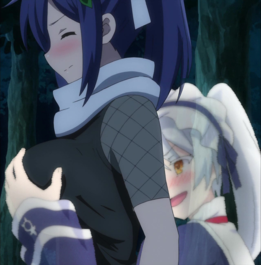 2girls anime_screenshot blue_hair blush breasts closed_mouth grabbing_another&#039;s_breast grabbing_from_behind groping highres isekai_wa_smartphone_to_tomo_ni. large_breasts leen_(isekai_wa_smartphone_to_tomo_ni.) long_hair maid_headdress multiple_girls ninja open_mouth silver_hair smile stitched third-party_edit tsubaki_(isekai_wa_smartphone_to_tomo_ni.) yellow_eyes yuri