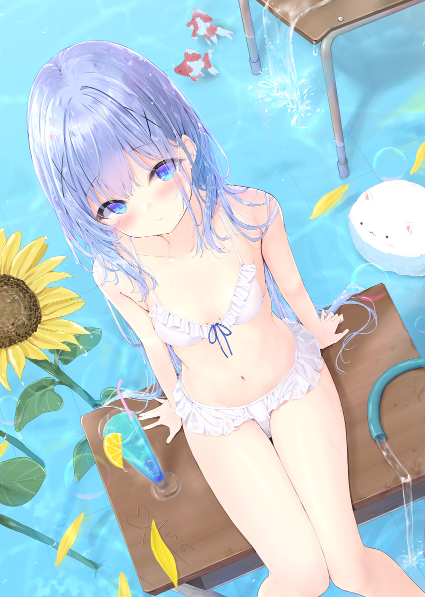 1girl angora_rabbit animal animal_ears bare_arms bare_shoulders bendy_straw bikini blue_eyes blue_hair blush breasts closed_mouth commentary_request cup desk drink drinking_glass drinking_straw fish flower frilled_bikini frills gochuumon_wa_usagi_desu_ka? goldfish hair_ornament highres horse_ears kafuu_chino kouda_suzu loli long_hair looking_at_viewer navel on_desk petals rabbit school_desk sitting small_breasts smile solo_focus sunflower swimsuit tippy_(gochiusa) very_long_hair water waterfall white_bikini x_hair_ornament yellow_flower