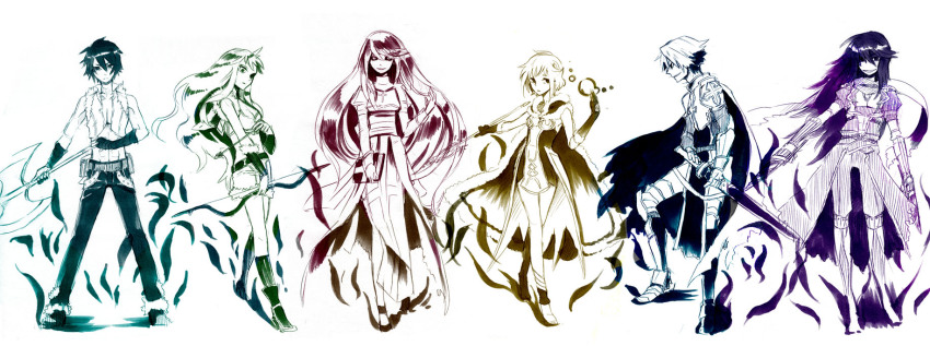 3boys 3girls armor arrow_(projectile) assassin_cross_(ragnarok_online) axe bio_lab book bow_(weapon) breastplate breasts cape cecil_damon cleavage colored_sclera commentary_request cross dress eremes_guile fingerless_gloves full_body fur-trimmed_cape fur-trimmed_gloves fur-trimmed_shirt fur-trimmed_shorts fur_trim gloves hair_over_one_eye high_priest_(ragnarok_online) high_wizard_(ragnarok_online) highres holding holding_axe holding_book holding_bow_(weapon) holding_sword holding_wand holding_weapon howard_alt-eisen juliet_sleeves kathryne_keyron layered_dress limited_palette long_hair long_sleeves looking_at_viewer lord_knight_(ragnarok_online) margaretha_sorin medium_breasts midriff multiple_boys multiple_girls navel open_mouth pants pauldrons puffy_sleeves ragnarok_online scabbard scarf seyren_windsor shaded_face sheath shirt shoes short_hair shorts shoulder_armor simple_background sleeveless sleeveless_shirt small_breasts smile sniper_(ragnarok_online) strapless strapless_dress swan_(doesu) sword tabard torn_cape torn_clothes torn_scarf two-tone_dress very_long_hair waist_cape wand weapon whitesmith_(ragnarok_online)