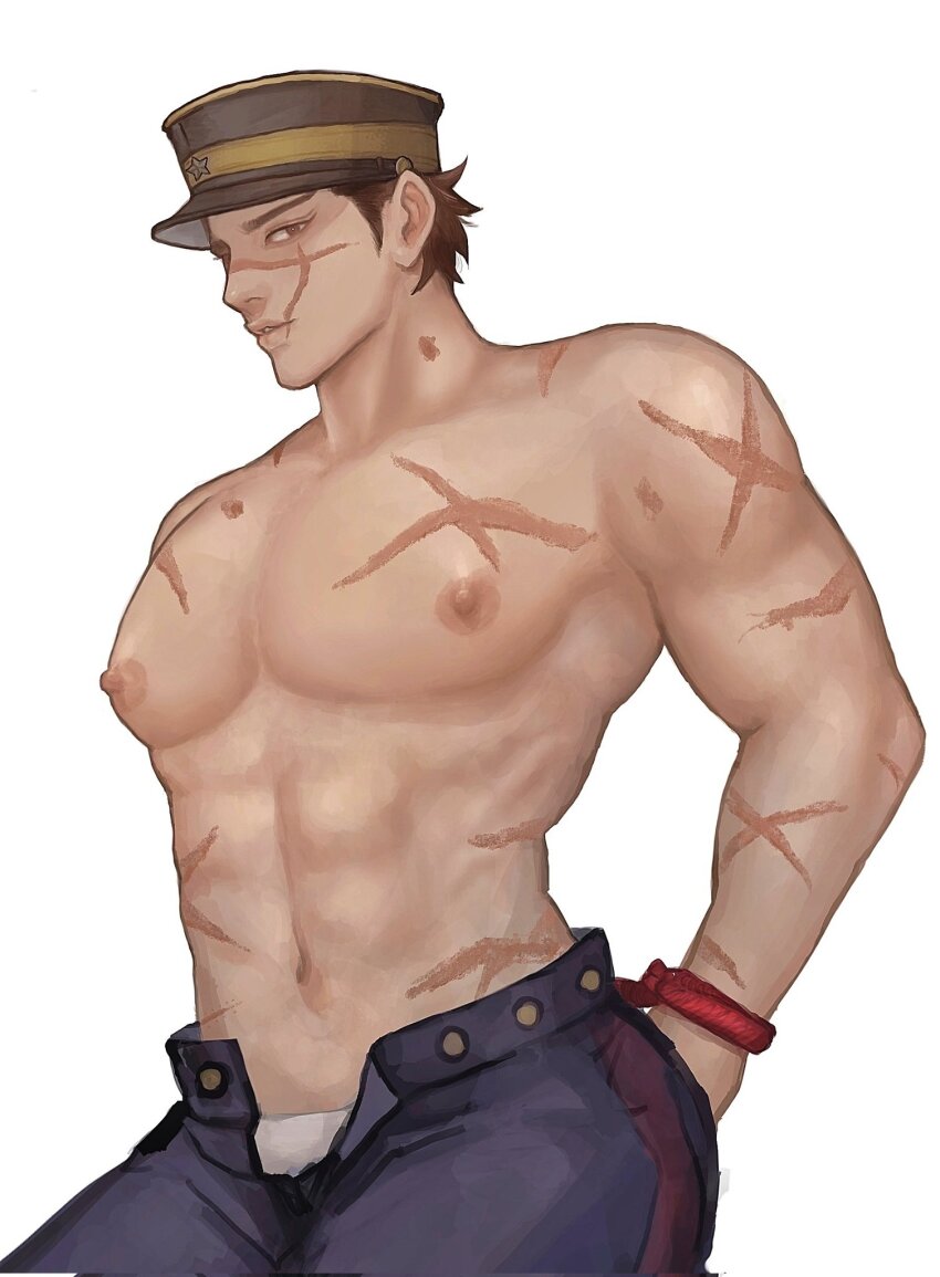 1boy abs alternate_pectoral_size bara black_hair cowboy_shot def00_0 facial_scar golden_kamuy hat highres huge_eyebrows huge_pectorals kepi looking_at_viewer male_focus male_underwear military_hat muscular muscular_male navel nipples profile scar scar_on_cheek scar_on_chest scar_on_face scar_on_mouth scar_on_nose short_hair solo standing stomach sugimoto_saichi topless_male underwear white_male_underwear