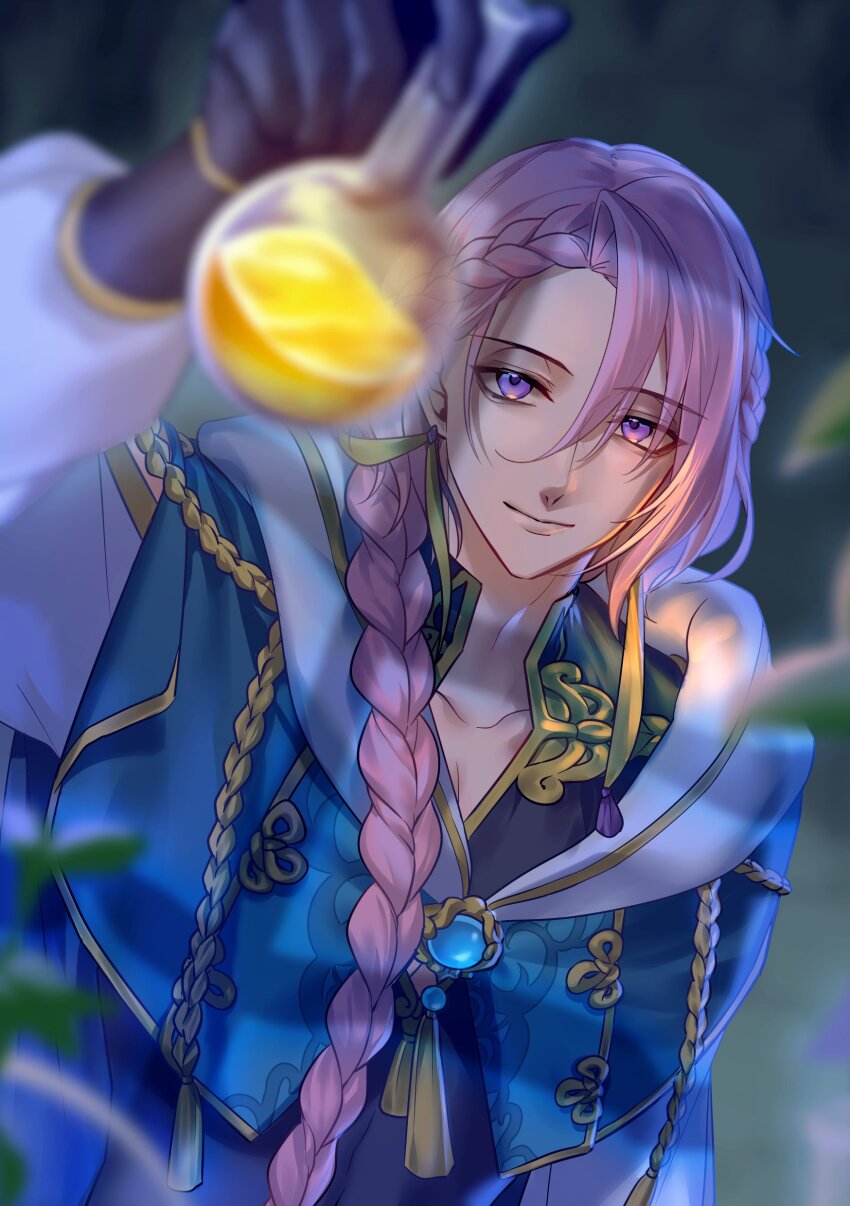 1boy absurdres aiguillette black_gloves black_shirt blue_cloak blue_gemstone blurry braid braided_bangs cloak closed_mouth collarbone curtained_hair depth_of_field earrings flask gem gloves gold_trim hair_between_eyes hair_over_shoulder hand_up highres holding holding_flask jewelry leaf liquid long_hair looking_at_object male_focus neck_tassel noctilucent:_before_dawn purple_eyes round-bottom_flask sen_(noctilucent) shirt single_braid smile solo tassel upper_body white_sleeves window_shadow yuu+1
